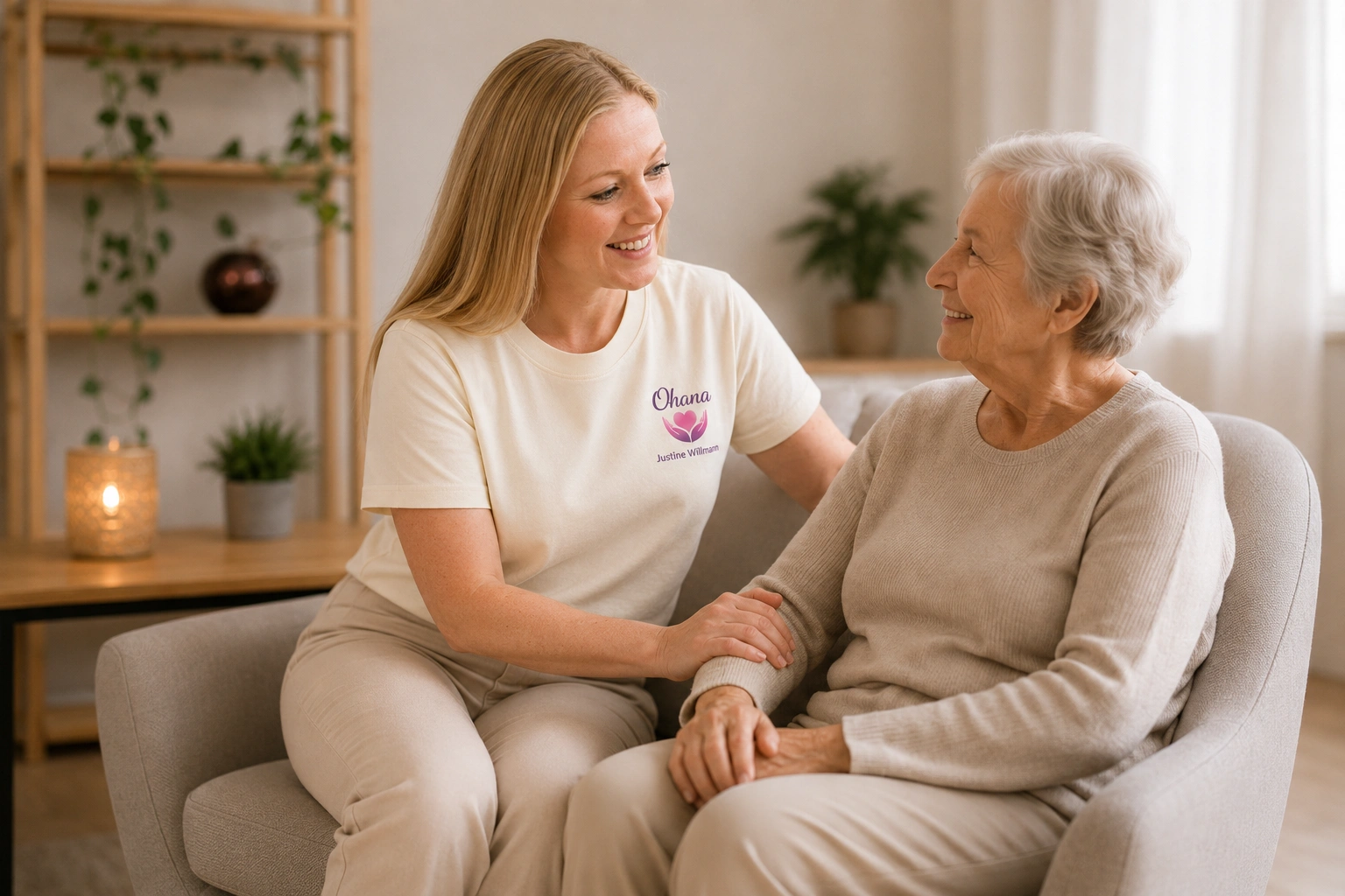 Aide-soignante Ohana accompagnant une personne âgée à domicile